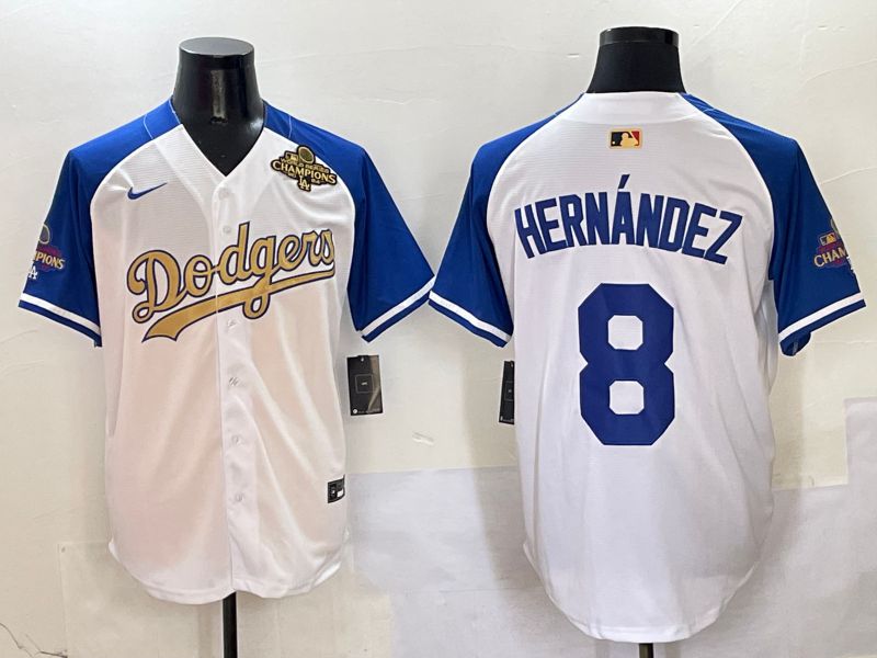 Men Los Angeles Dodgers 8 Hernandez White Blue Champion gold character Nike 2025 MLB Jersey style 5044